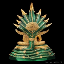 พระนาคปรก9นิ้ว9เศียร เนื้อทองเหลืองทาสีเขียวปิดทองคำเปลวแท้